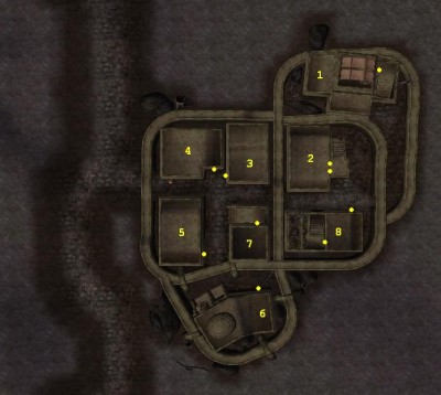 An overhead map of the town, with numbered buildings and dots at the door locations.